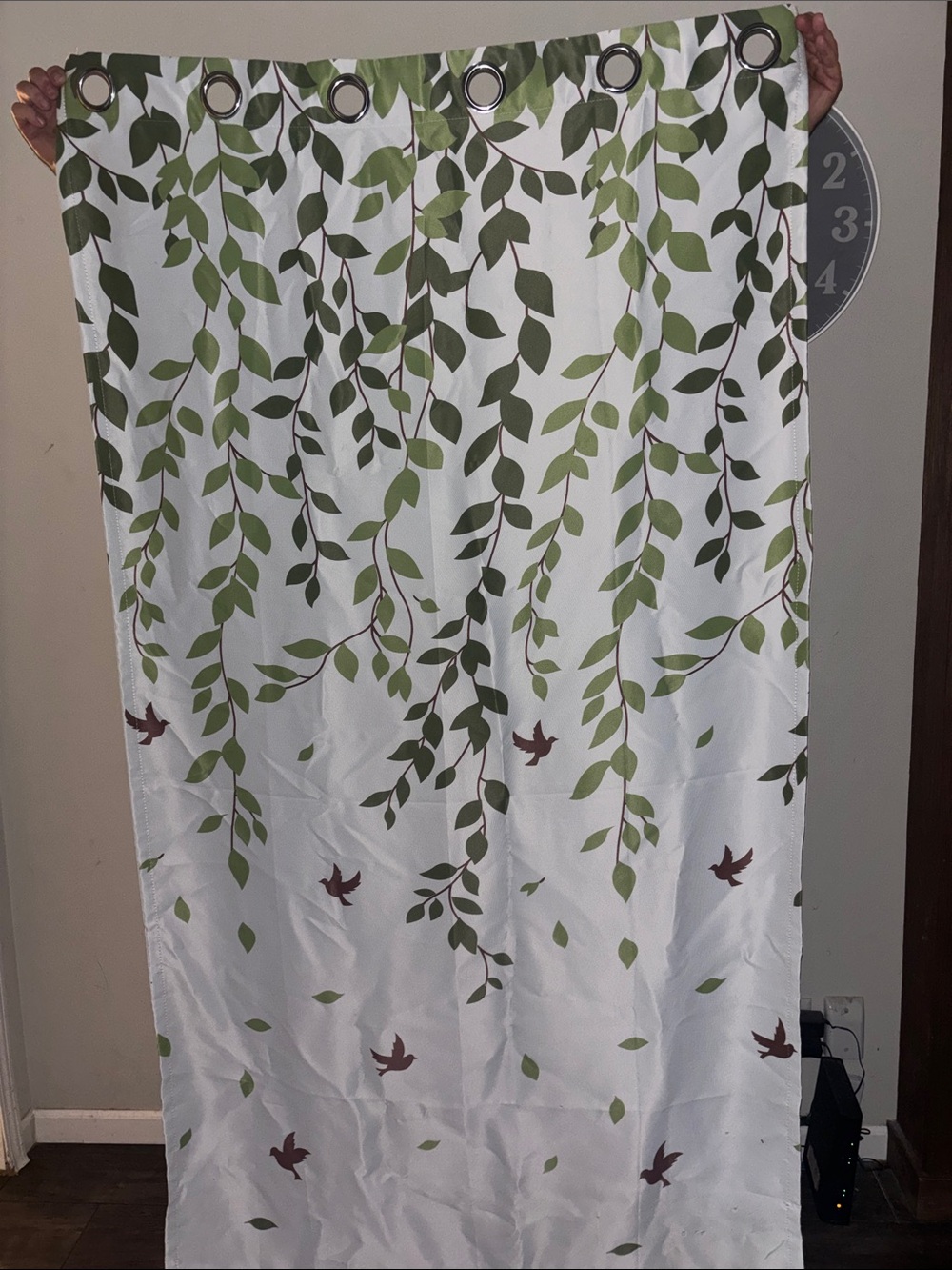 Green Leaf and Bird Grommet Curtain Panel -